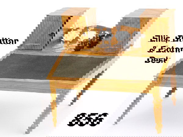 Ellis, Britton & Eaton Desk: circa 1869, early American painted tin slant front desk with faux wood grained finish, hinged opening front cover and 2 hinged upper cabinets; offered with metal tea pot and covered bowl and 3 whit sw