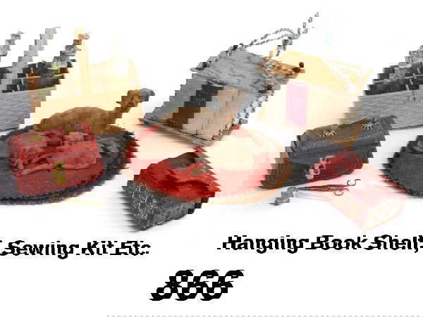 Hanging Book Shelf, Sewing Kit Etc.: grouping includes candy box in the form of hanging book shelf marked Made in Germany, Dresden wine carrier candy box with slide in base (1 bottle broken), miniature sewing kit complete with scissors,