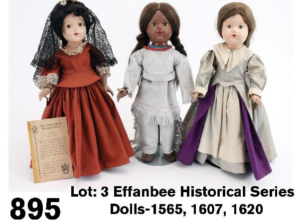 Lot: 3 Effanbee Historical Series Dolls-1565, 1607: American, circa 1939, part of a series of 30 dolls depicting the history of ladies American fashion from the historical periods from 1492-1939; all dolls are 6 part composition bodies with decal eyes 