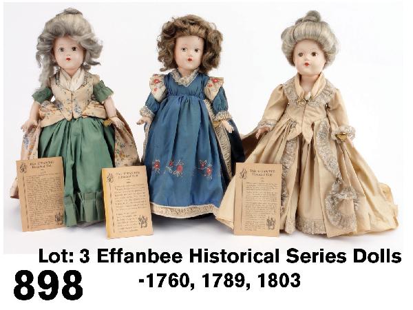 Lot: 3 Effanbee Historical Series Dolls-1760, 1789: American, circa 1939, part of a series of 30 dolls depicting the history of ladies American fashion from the historical periods from 1492-1939; all dolls are 6 part composition bodies with decal eyes 