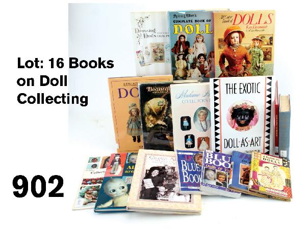 Lot: 16 Books on Doll Collecting: included are 13 hard cover books- Dolls in Color by Eaton, Dolls & Puppets by Von Boehn, A book of Dolls by White, Madame Alexander 75th Anniversary, Grand Notes, Collection of Carole Jean Zvonar (Cat