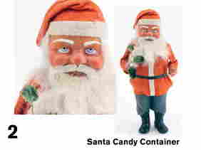 Santa Candy Container: Germany, circa 1920's felt dressed composition figure holding holly branch with fur beard and hair and slide at center Size: 15" t.