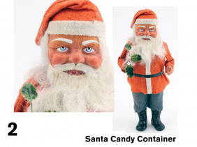 Santa Candy Container: Germany, circa 1920's felt dressed composition figure holding holly branch with fur beard and hair and slide at center Size: 15" t.
