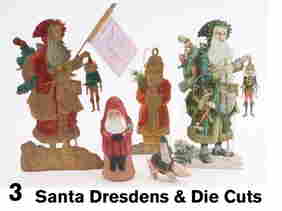 Santa Dresdens & Die Cuts: includes 2 multi colored Dresden flat Santa ornaments, larger holding puppet with mica decoration, embossed lithographed die cut with Father Christmas in green coat also holding punch puppet, a