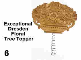 Exceptional Dresden Floral Tree Topper: embossed double sided ornament in the form of a floral bouquet in handled urn Size: 7" w. x 9" t. including spring