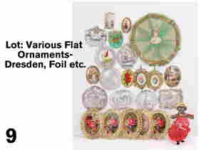Lot: Various Flat Ornaments-Dresden, Foil etc.: included are 5 oval floral pictures with gold Dresden frames, a net, scrap and tissue paper doll, 8 embossed silvered paper runner seals, probably French (most have embossed "No." and "Yrds.", 8