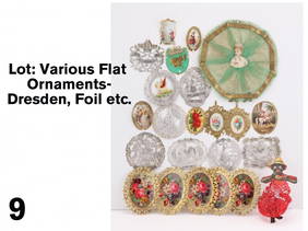 Lot: Various Flat Ornaments-Dresden, Foil etc.: included are 5 oval floral pictures with gold Dresden frames, a net, scrap and tissue paper doll, 8 embossed silvered paper runner seals, probably French (most have embossed "No." and "Yrds.", 8