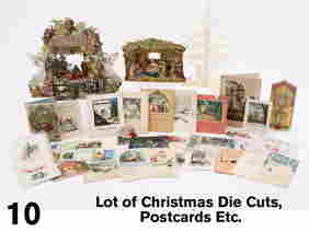 Lot of Christmas Die Cuts, Postcards Etc.: early 20th century grouping includes 2 multi panel fold out Nativity scenes, made in Germany, smaller marked No. 235, a Scherenschnitte Christmas tree, a 1924 "Natale Noel" calendar book, printed in