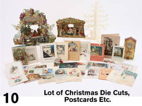 Lot of Christmas Die Cuts, Postcards Etc.: early 20th century grouping includes 2 multi panel fold out Nativity scenes, made in Germany, smaller marked No. 235, a Scherenschnitte Christmas tree, a 1924 "Natale Noel" calendar book, printed in