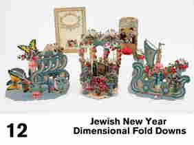 Jewish New Year Dimensional Fold Downs: made and printed in Germany, included are 4 embossed lithographed die cut fold down Rosh Hashanah greetings and an unmarked and unused folding card with elaborate gold embossed decoration and a die