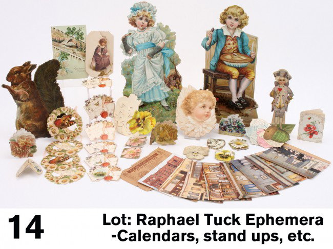 Lot: Raphael Tuck Ephemera-Calendars, stand ups, et: embossed lithographed die cut and print grouping includes 3 easel back stand ups-Little Jack Horner, Little Miss Muffett and an articulated squirrel; 6 panel booklet "Field Babies", 2 drop valentine g