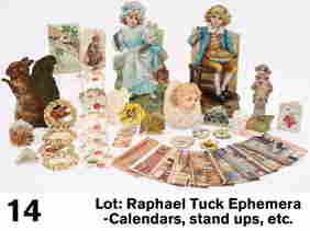 Lot: Raphael Tuck Ephemera-Calendars, stand ups, et: embossed lithographed die cut and print grouping includes 3 easel back stand ups-Little Jack Horner, Little Miss Muffett and an articulated squirrel; 6 panel booklet "Field Babies", 2 drop valentine