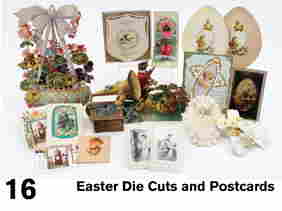 Easter Die Cuts and Postcards: early 1900's grouping includes 2 embossed lithographed die cuts-basket of flowers and a dimensional fold out with animal conductor, phonograph and baby chicks; a postcard on heavy embossed paper with