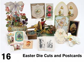 Easter Die Cuts and Postcards: early 1900's grouping includes 2 embossed lithographed die cuts-basket of flowers and a dimensional fold out with animal conductor, phonograph and baby chicks; a postcard on heavy embossed paper with