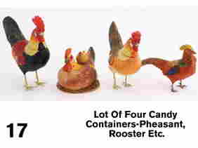 Lot Of Four Candy Containers-Pheasant, Rooster Etc.: Germany, painted composition grouping includes pheasant (touch up on underside), rooster and hen (both with touch up on comb and wattle) and hen and chicks on nest (non opening base) Size: rooster