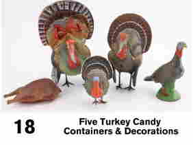 Lot: Five Turkey Candy Containers & Decorations: German, painted composition grouping includes a small turkey and female bird decorations (no openings or slides), medium size (7.75" t.) container with neck slide and larger bird with opening in
