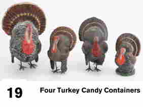 Lot of Four Turkey Candy Containers: German hand painted composition holiday containers in 4 different sizes-larger 9" t., 2 medium size appr. 5.75" t. (1 with minor crack on underside and touch up to wattle) and smaller 5.5" t. with