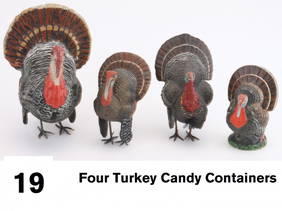 Lot of Four Turkey Candy Containers: German hand painted composition holiday containers in 4 different sizes-larger 9" t., 2 medium size appr. 5.75" t. (1 with minor crack on underside and touch up to wattle) and smaller 5.5" t. with