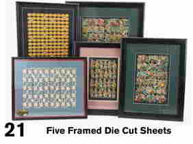 Five Framed Die Cut Sheets: Germany, circa 1920's, 5 die cut scrape sheets framed to museum standards for conservation, included are Nos. 4544 messenger boy, 32521 Jack-O-Lantern, 4779b Easter children, 211 floral baskets and
