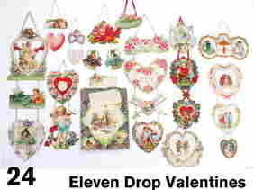 Eleven Drop Valentines: early 20th century embossed lithographed and printed valentine grouping by various makers (unmarked) including 6 larger format drop greetings and 5 smaller hanging valentines Size: largest 20" l.
