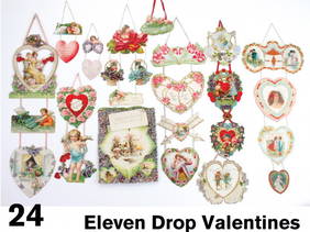 Eleven Drop Valentines: early 20th century embossed lithographed and printed valentine grouping by various makers (unmarked) including 6 larger format drop greetings and 5 smaller hanging valentines Size: largest 20" l.