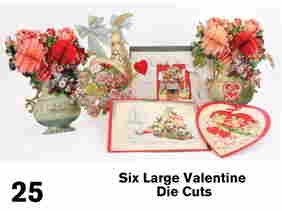 Six Large Valentine Die Cuts: German, 1920's, embossed lithographed die cut valentines include "Horn of Plenty" with removable roses that reveal various messages of love, 2 floral urns with honeycomb roses (some damage to edges,