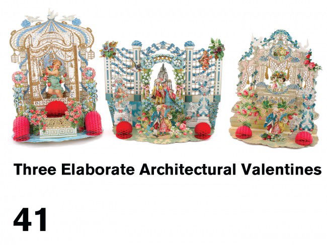 Three Elaborate Architectural Valentines: printed in Germany, embossed lithographed die cut decorations that fold out to reveal trellises and garden structures with intricate floral bouquets and garlands, doves, tassels etc., uncirculated Siz