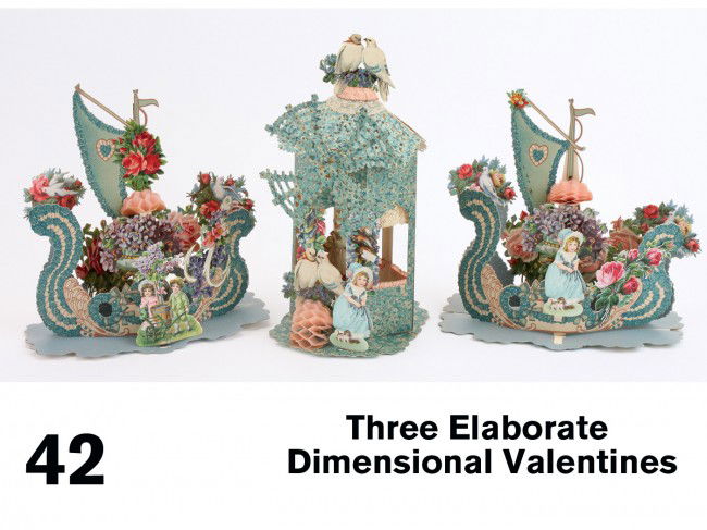 Three Elaborate Dimensional Valentines: made in Germany, lithographed paper with embossed lithographed die cut scrap decoration- windmill with lace and satin trimmed windows along with 2 floral and honeycomb decorated sailing boats, uncircu