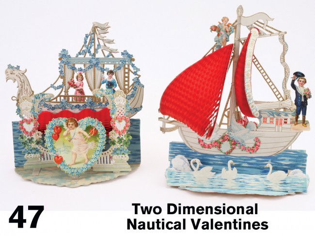 Two Dimensional Nautical Valentines: printed in Germany, embossed lithographed die cut valentines with colorful imagery- phoenix head sailing boat with red honeycomb ocean and a young lad on sail boat with stringed backing that opens 2 h