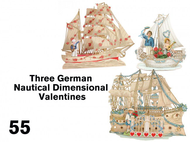 Three German Nautical Dimensional Valentines: early 1900's, made and printed in Germany, embossed lithographed die cut and honeycomb greetings includes sail boat and 2 large sailing ships; all inscribed by sender on reverse Size: larger 11.75" l.