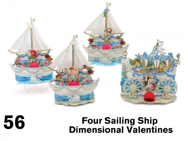 Lot: Four Sailing Ship Dimensional Valentines: printed in Germany, embossed lithographed die cut valentines with imagery of children and cherubs in floral bedecked sail boats and a phoenix head boat with elaborate wheels, uncirculated Size: larger