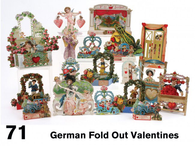 German Fold Out Valentines: early 1900-1920's German embossed lithographed die cut grouping includes 16 fold out and fold together designs including a young lad at heart stand, young girl and cupid on stage, lady with cherubs on