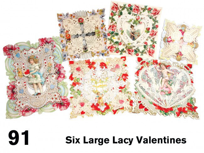 Six Large Lacy Valentines: early 1900's, embossed lithographed and die cut folding valentines with built up paper lace, scrap and Dresden trim decorations; included are a large very elaborate card with silvered lace, 3 square f