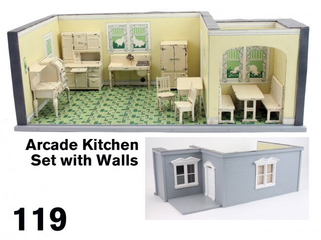 Arcade Kitchen Set with Walls: heavy lithographed cardboard folding kitchen room with alcove and furnished with painted cast iron furniture including Hotpoint Electric stove, Boone cupboard, Kohler sink with washer, Frigidaire (som