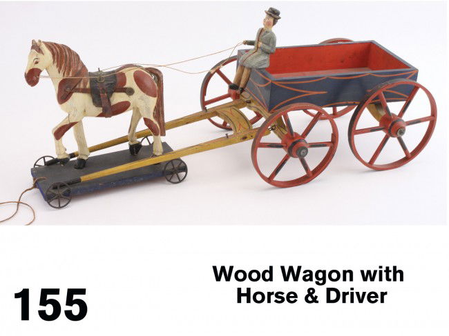 Wood Wagon with Horse & Driver: fancifully painted wood 4 wheel wagon drawn by a painted wood horse on platform with cast iron wheels, the rig is driven by a finely carved figure of a well dressed gent in a bowler hat, appears to be