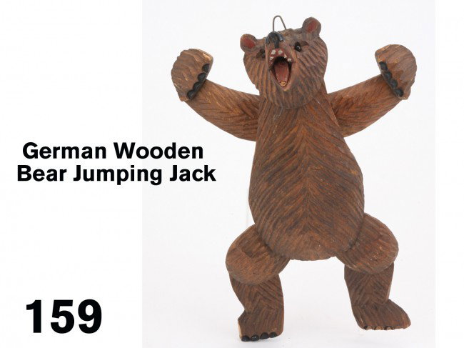 German Wooden Bear Jumping Jack: very finely carved figure of a bear with jointed legs, moving tongue and outstretched arms Size: 9" t.