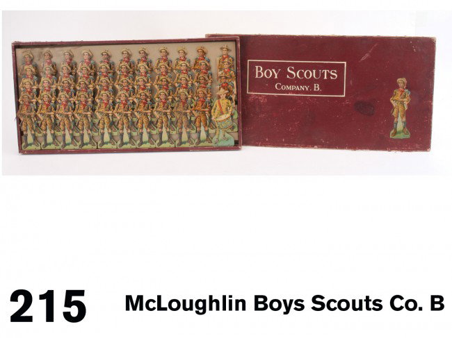 McLoughlin Boys Scouts Co. B: paper covered wood box encloses lithographed paperboard diecut figures on wood bases, 55 scouts in all including 50 holding rifles, 4 leaders holding staffs, and 1 drummer - figures are excellent +, b