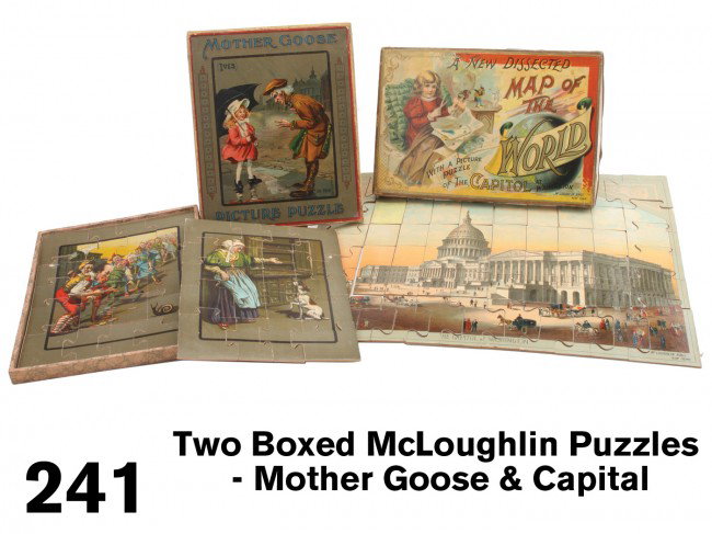 Two Boxed McLoughlin Puzzles - Mother Goose & Capi: typical colorful lithography of McLoughlin brothers, both in paper covered wood boxes, includes 2 puzzle set Mother Goose Puzzles with 2 complete heavy board puzzles(2 guide sheets printed in lid) alo