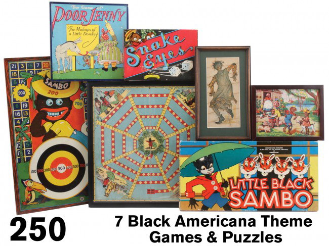 A Group of 7 Black Americana Theme Games & Puzzles: includes 3 Little Black Sambo items - a framed game board, a boxed game, and a brightly colored lithographed tin target (minor areas of touch up paint); The Game of Poor Jenny featuring a black maid, 