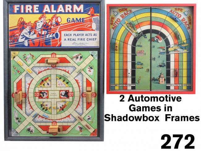 A Pair of Automotive Games in Shadowbox Frames: includes Parker Bros. Fire Alarm game and box cover framed in Plexiglas shadow box with mounted playing pieces: cast metal fire engines and multi-component wood buildings; along with colorful All-Fair