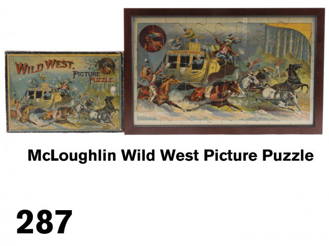 McLoughlin Wild West Picture Puzzle: the puzzle depict Indians attacking the Overland Stage.Which the staging of was one of the main attractions of Buffalo Bill's famed Wild West Show which captured the imagination of the world beginning