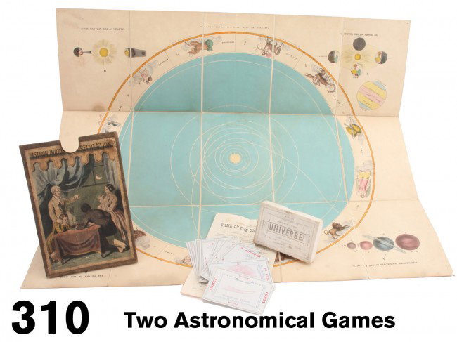 Two Astronomical Games: includes "Astronomical Recreation" published by John Betts:London - a colorfully lithographed folding paper on cloth board with original sleeve along with a boxed card game "Game of the Universe" with