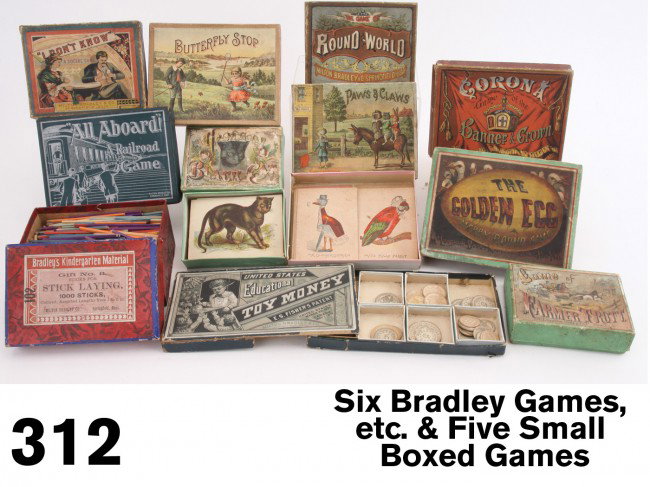 Six Bradley Games, etc. & Five Small Boxed Games: includes 4 boxed games: "All Aboard - A Railroad Game" a card game with RR images (no instructions), "Corona - or Banners & Crown" a complete and colorful card game with instructions, "I Don't Know" a
