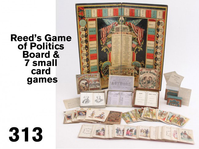 Reed's Game of Politics Board & 7 small card games: includes rare game board "Race for the Presidency" by W.S. Reed, along with Bradley's boxed card "Game of American History" with instruction, 2 boxed "Authors" games, a colorfully boxed "Game of Mytho