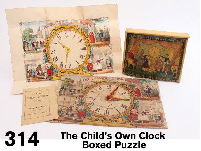 The Child's Own Clock Boxed Puzzle: hand colored lithographed paper on wood interlocking puzzle with original wooden box with colorful image on sliding wood lid (too warped to fit properly) is offered with original guide sheet and poeti