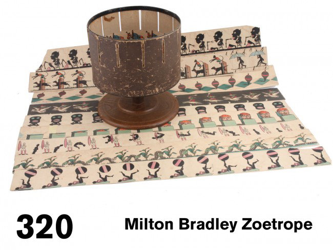 Milton Bradley Zoetrope: this is the largest and earliest Bradley zoetrope sometimes referred to as a Parlor Zoetrope to distinguish it from the smaller toy models made by Bradley, it is offered with a group of 9 original dou