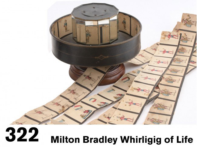 Milton Bradley Whirligig of Life: this American praxinoscope is made of painted tin with gold striping and spins on a turned wood base, offered with 9 animation strips featuring colorful images in motion: girl skipping rope, boy blowi