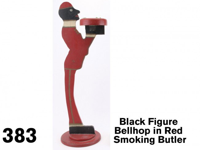 Black Figure Bellhop in Red Smoking Butler: painted wood figure decorated on each side, an exuberant form with graceful lines - he holds a robust round wooden tray with inset green vaseline glass ash receptacle Size: 36.5" t.