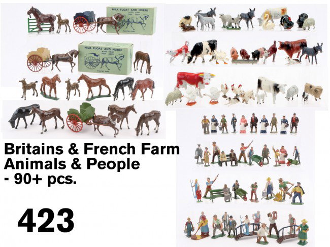 Britains & French Farm Animals & People - 90+ pcs.: painted hollow cast metal, includes 42 human figures - 3 with wheelbarrows and 15 French farm figures; 13 horses, 3 hors carts including 2 with original boxes, and 35 various farm yard animals: dogs, 