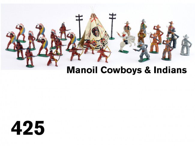 Manoil Cowboys & Indians: panted cast metal figures, includes 15 Indians and 10 cowboys (1 is by Gary Iron) along with two telegraph poles marked Manoil, also included is a vinyl teepee Size: 3.25" t.